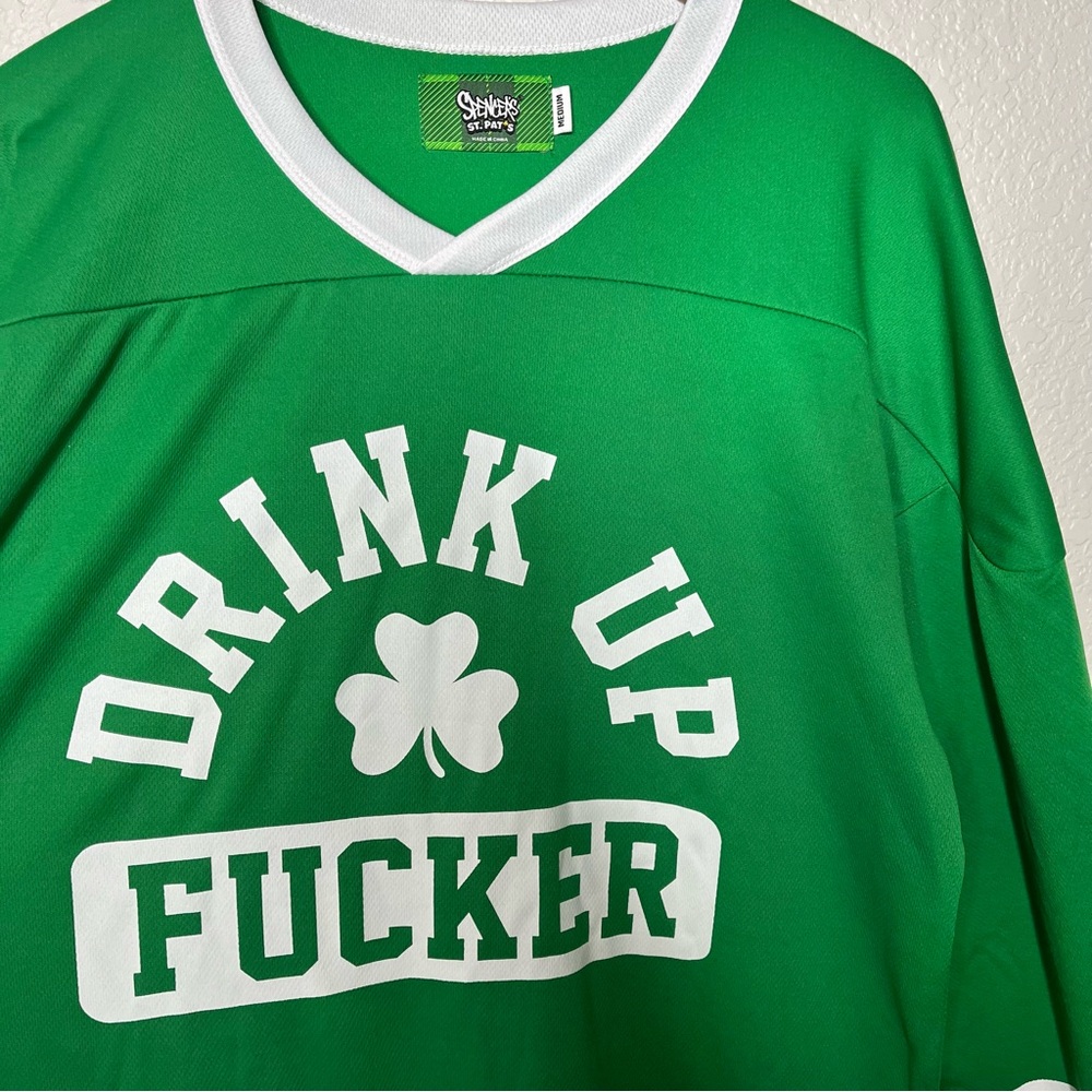 St. Patrick’s Day Green Drink Up Shamrock Graphic Jersey Shirt Unisex Oversized - Picture 2 of 8